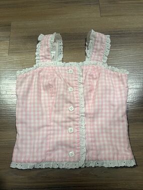 Handmade Vintage Cottagecore Pink Gingham Lace-Trim Button Front Crop Top Plaid